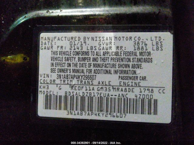 Photo 8 VIN: 001AB7AP4KY296607 - NISSAN SENTRA 