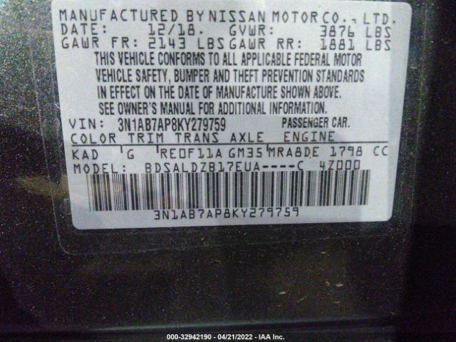 Photo 8 VIN: 001AB7AP8KY279759 - NISSAN SENTRA 