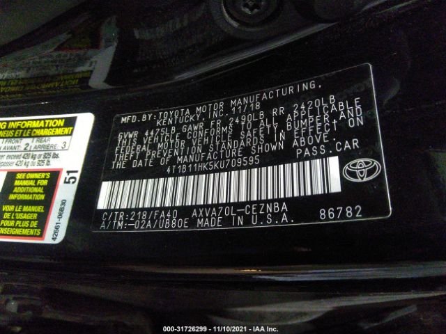 Photo 8 VIN: 001B11HK5KU709595 - TOYOTA CAMRY 