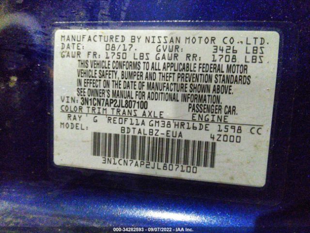 Photo 8 VIN: 001CN7AP2JL807100 - NISSAN VERSA SEDAN 