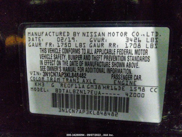 Photo 8 VIN: 001CN7AP3KL848482 - NISSAN VERSA SEDAN 