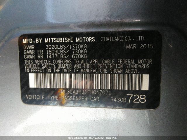 Photo 8 VIN: 0032A3HJ1FH047071 - MITSUBISHI MIRAGE 