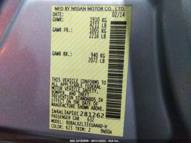 Photo 8 VIN: 004AL3AP1EC281262 - NISSAN ALTIMA 