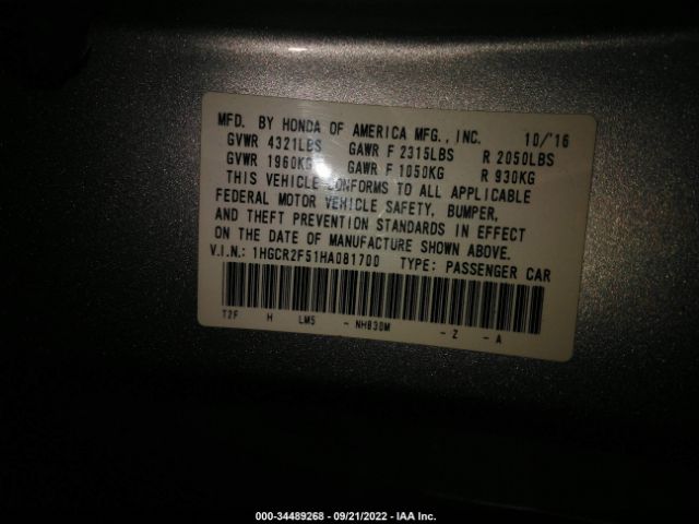 Photo 8 VIN: 00GCR2F51HA081700 - HONDA ACCORD SEDAN 