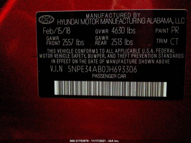 Photo 8 VIN: 00PE34AB0JH693306 - HYUNDAI SONATA 