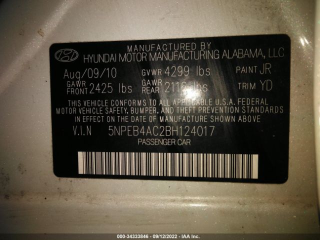 Photo 8 VIN: 00PEB4AC2BH124017 - HYUNDAI SONATA 