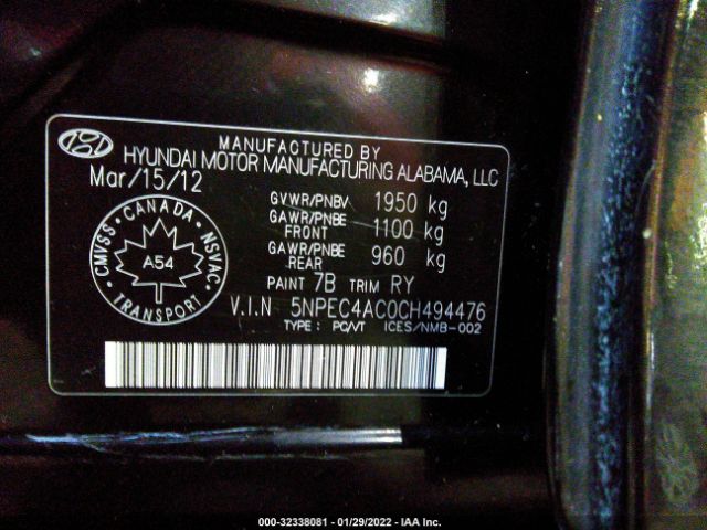 Photo 9 VIN: 00PEC4AC0CH494476 - HYUNDAI SONATA 