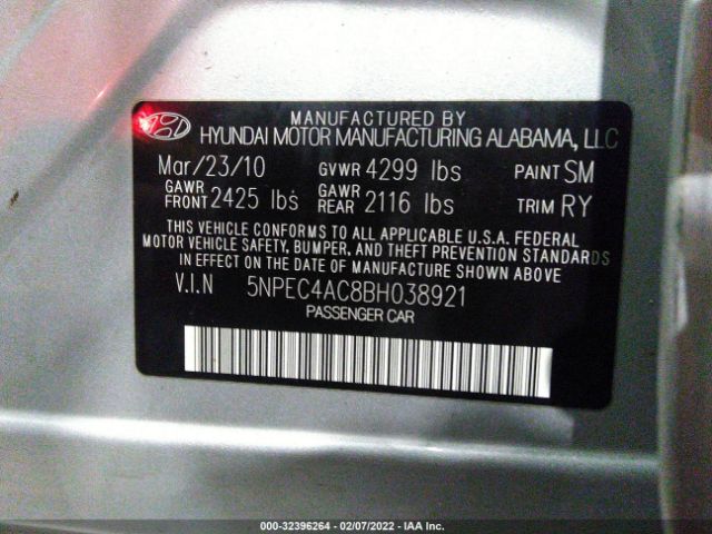 Photo 8 VIN: 00PEC4AC8BH038921 - HYUNDAI SONATA 