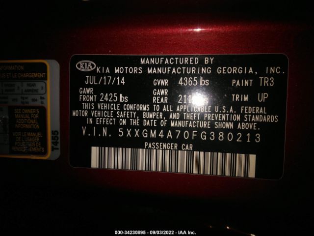 Photo 8 VIN: 00XGM4A70FG380213 - KIA OPTIMA 