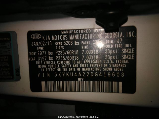 Photo 8 VIN: 00YKU4A22DG419603 - KIA SORENTO 