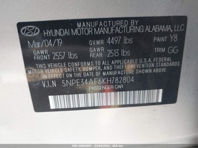 Photo 8 VIN: 05NPE34AF6KH78280 - HYUNDAI SONATA 