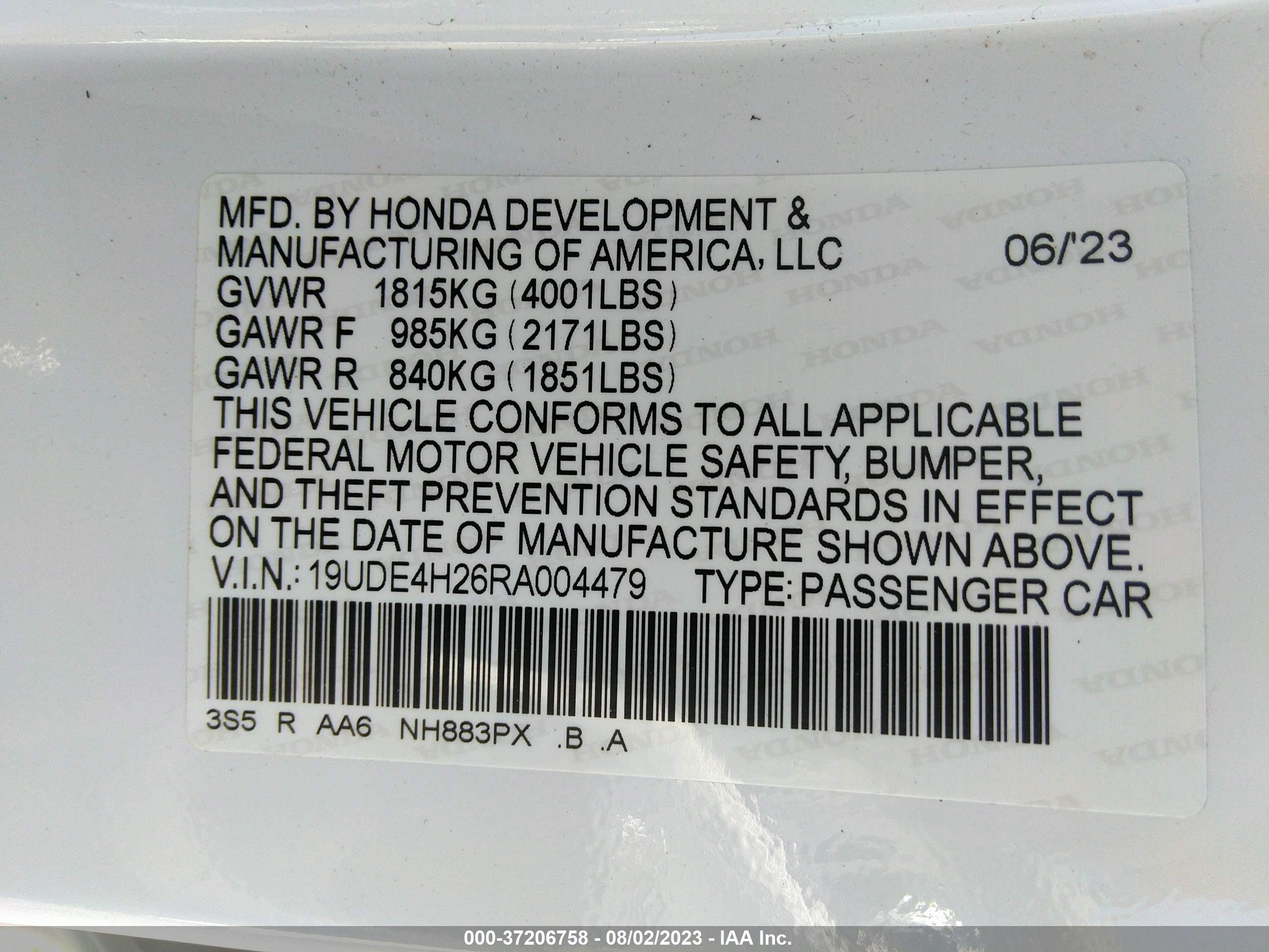 Photo 8 VIN: 19UDE4H26RA004479 - ACURA INTEGRA 