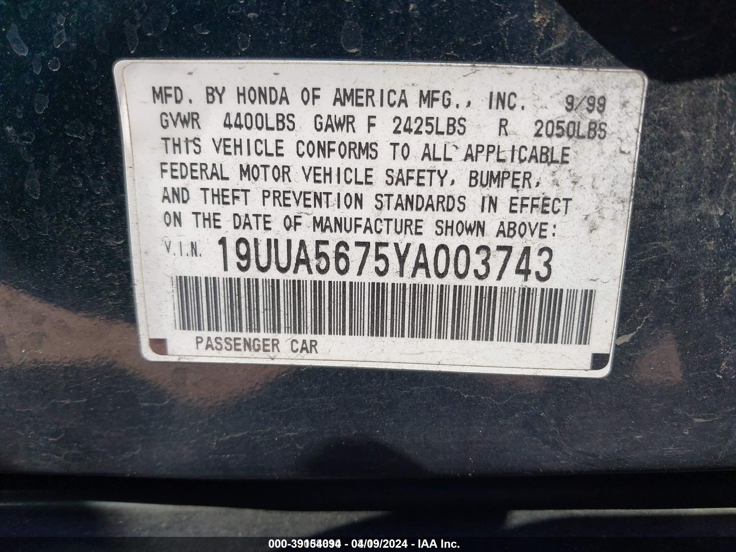 Photo 9 VIN: 19UUA5675YA003743 - ACURA TL 