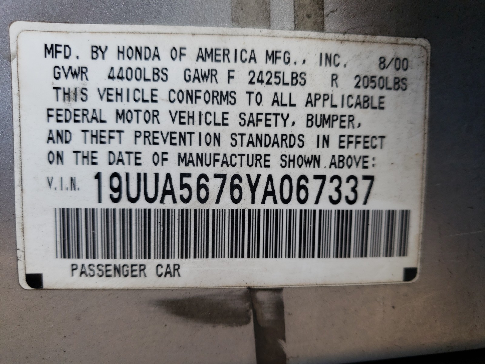 Photo 9 VIN: 19UUA5676YA067337 - ACURA 3.2TL 