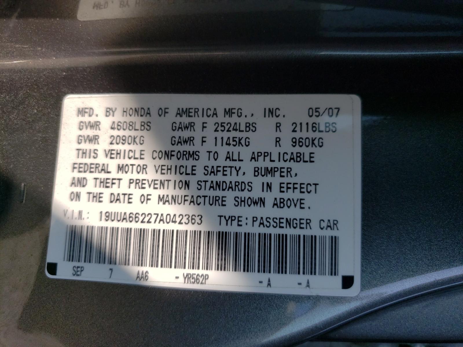 Photo 9 VIN: 19UUA66227A042363 - ACURA TL 