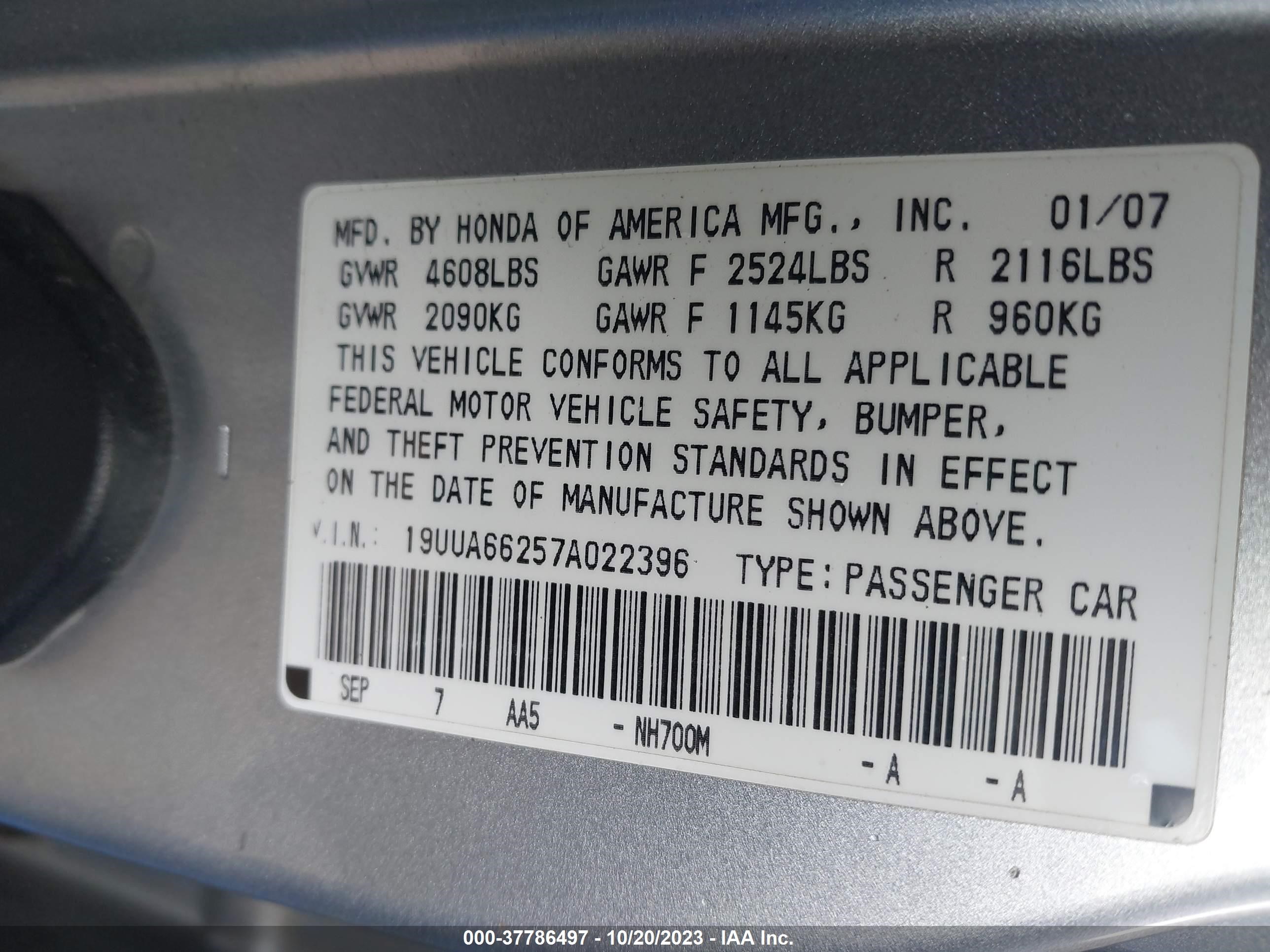 Photo 8 VIN: 19UUA66257A022396 - ACURA TL 