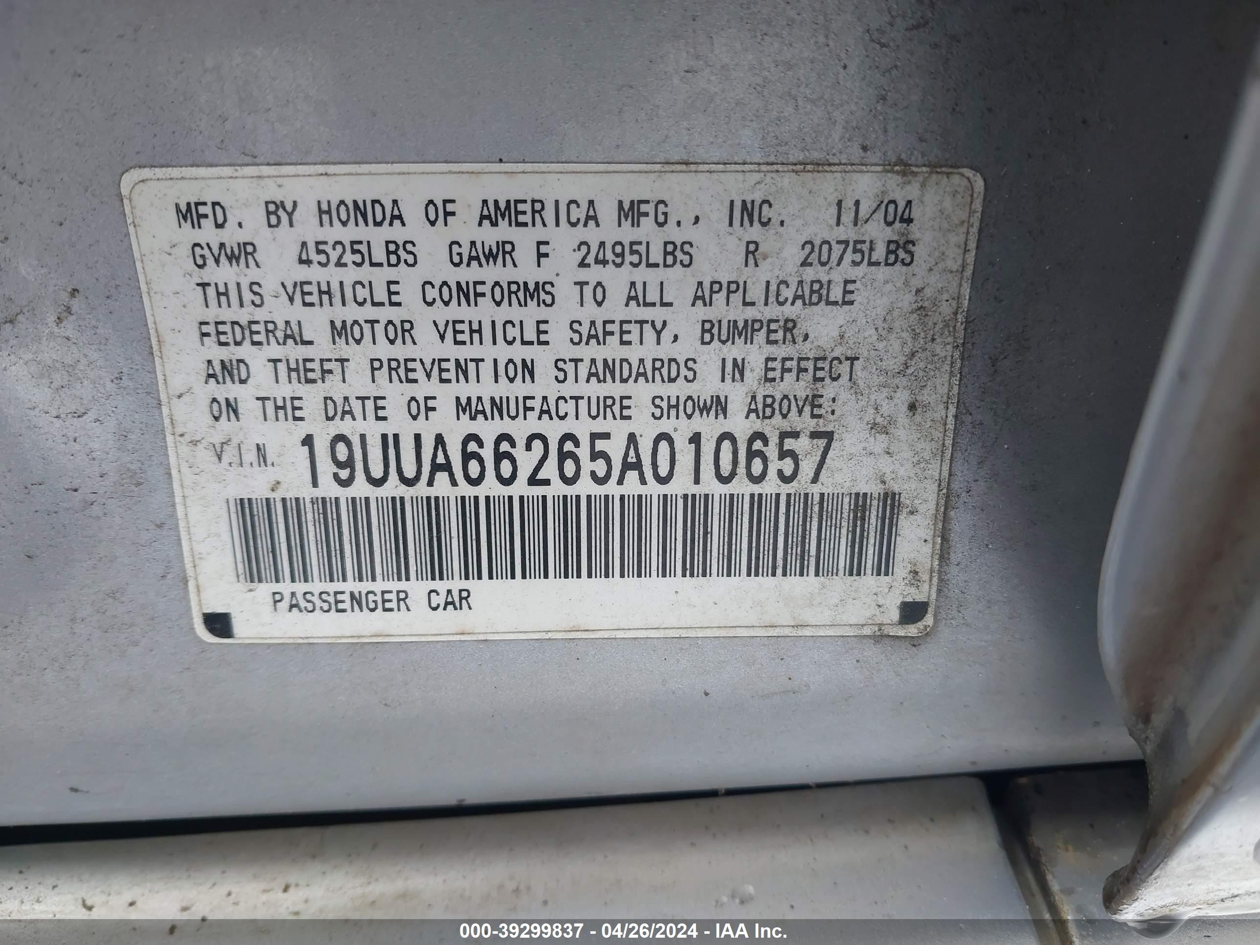 Photo 9 VIN: 19UUA66265A010657 - ACURA TL 