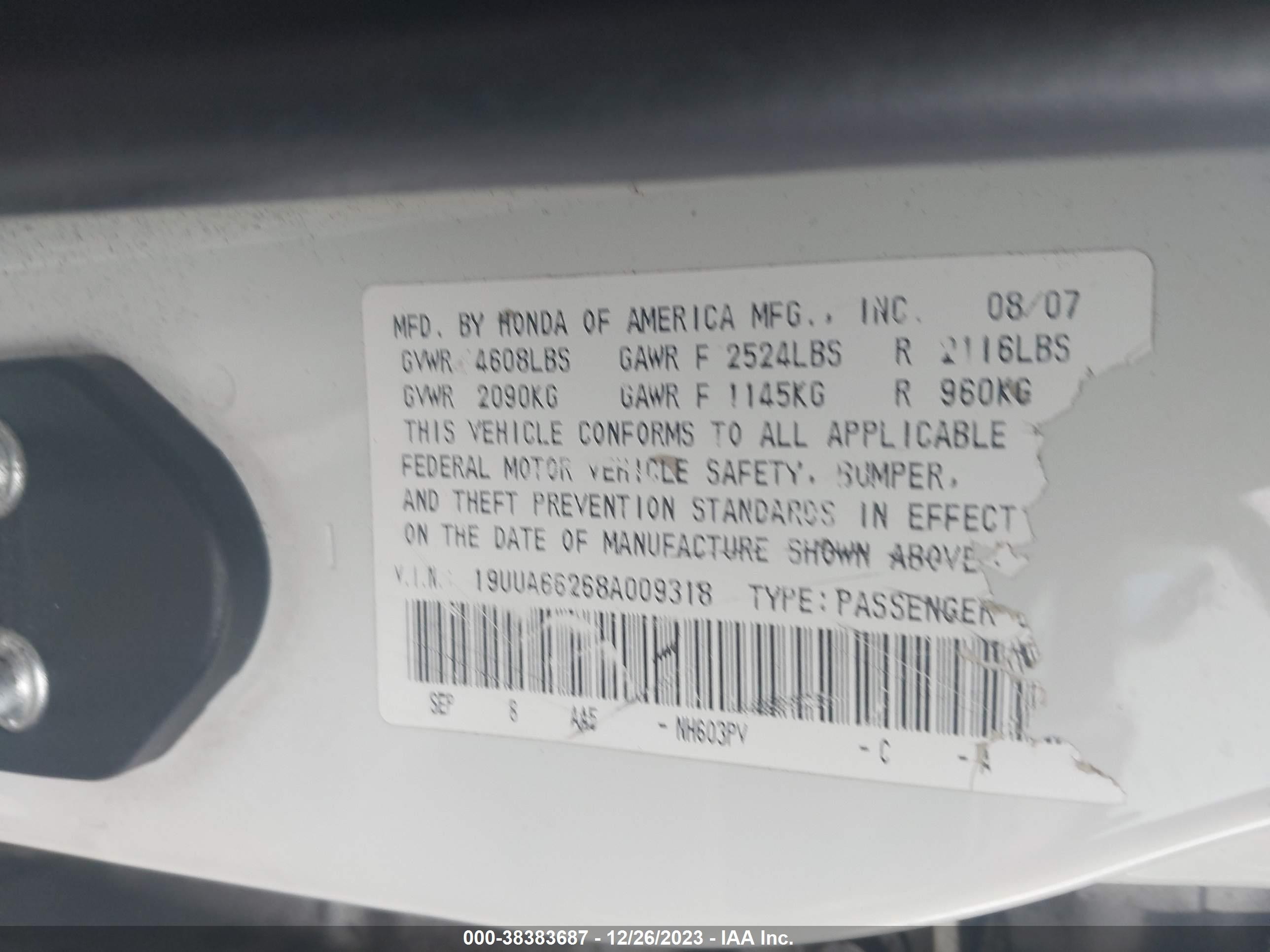 Photo 8 VIN: 19UUA66268A009318 - ACURA TL 