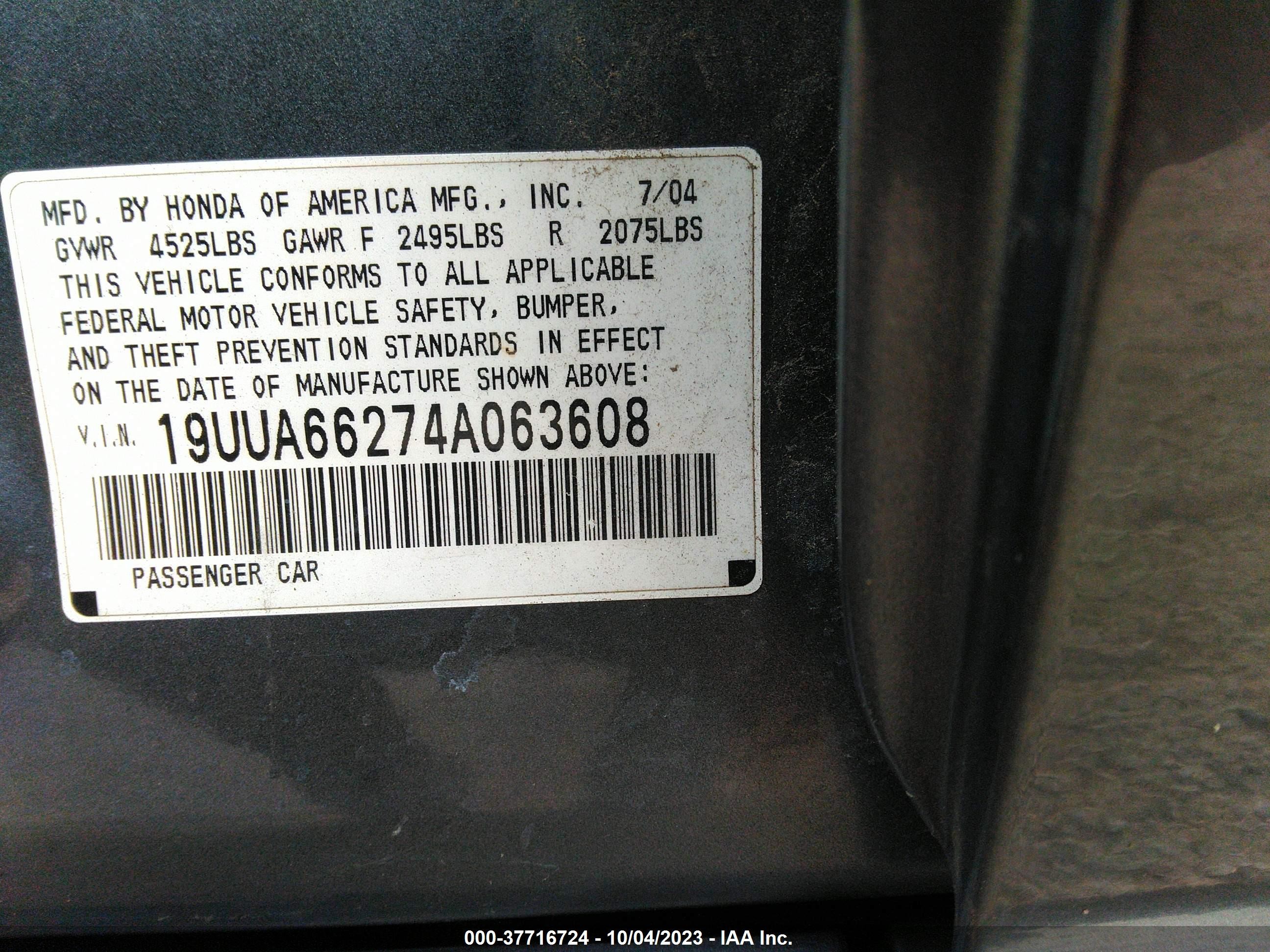 Photo 9 VIN: 19UUA66274A063608 - ACURA TL 