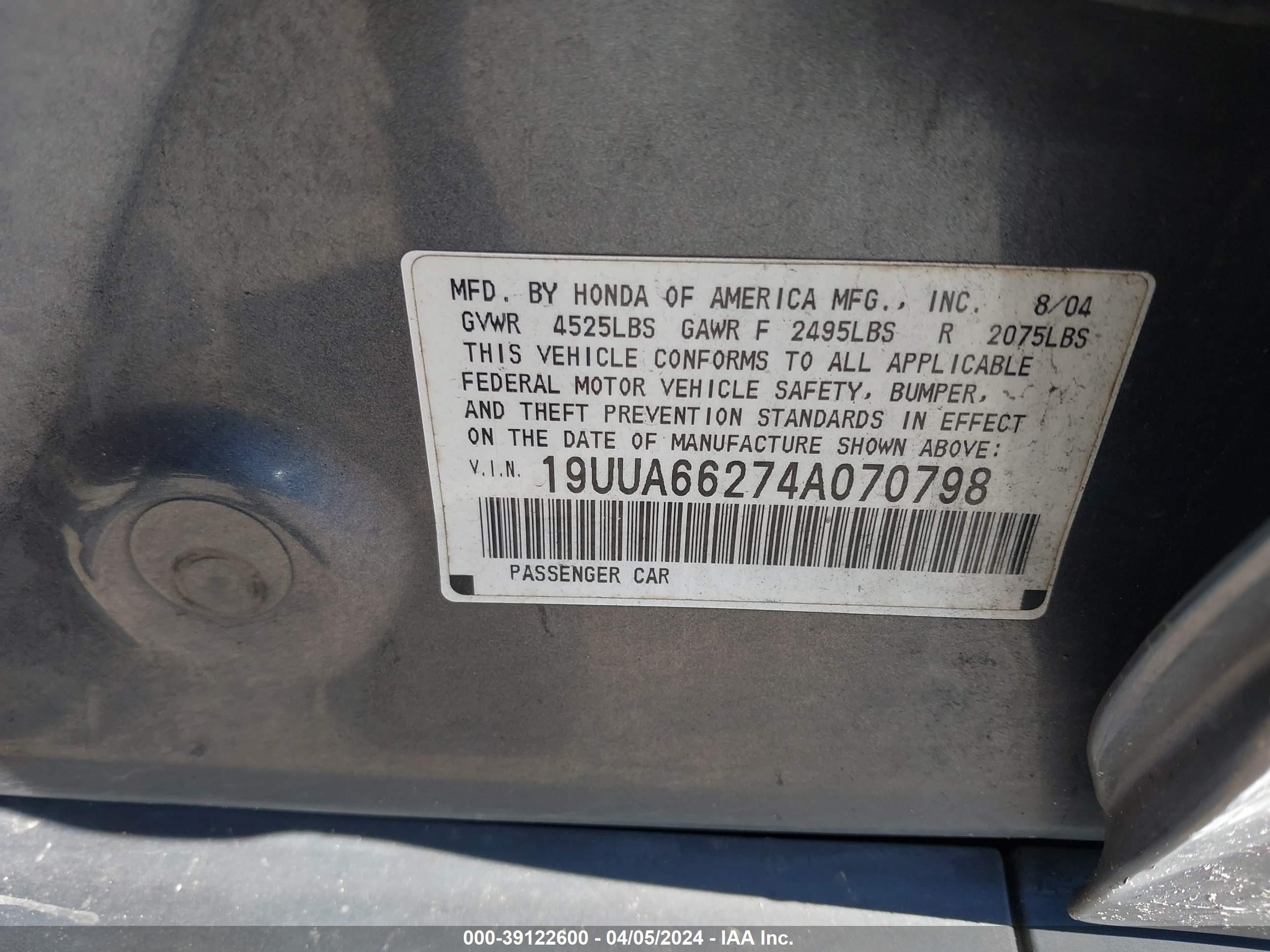 Photo 8 VIN: 19UUA66274A070798 - ACURA TL 