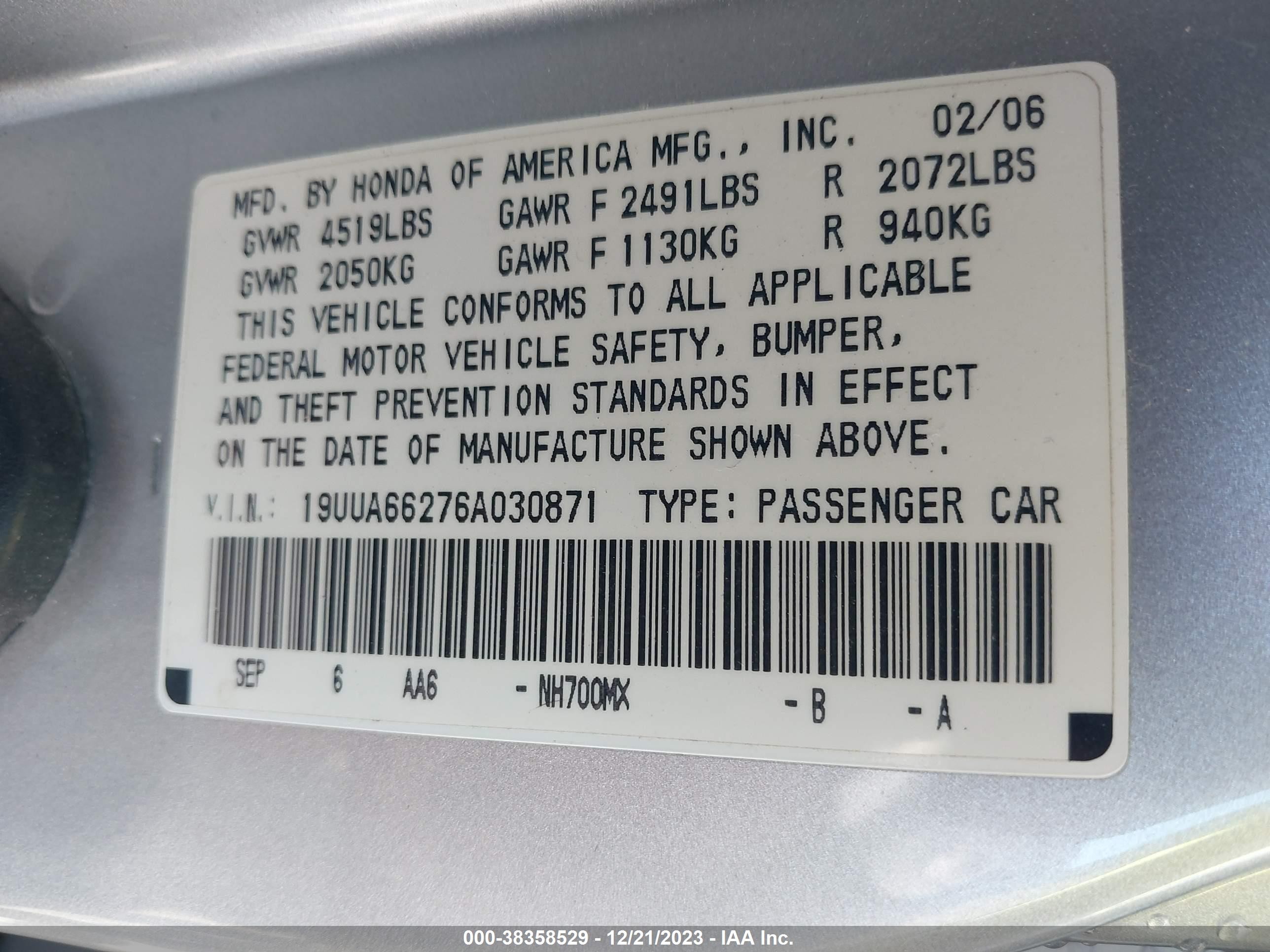 Photo 8 VIN: 19UUA66276A030871 - ACURA TL 