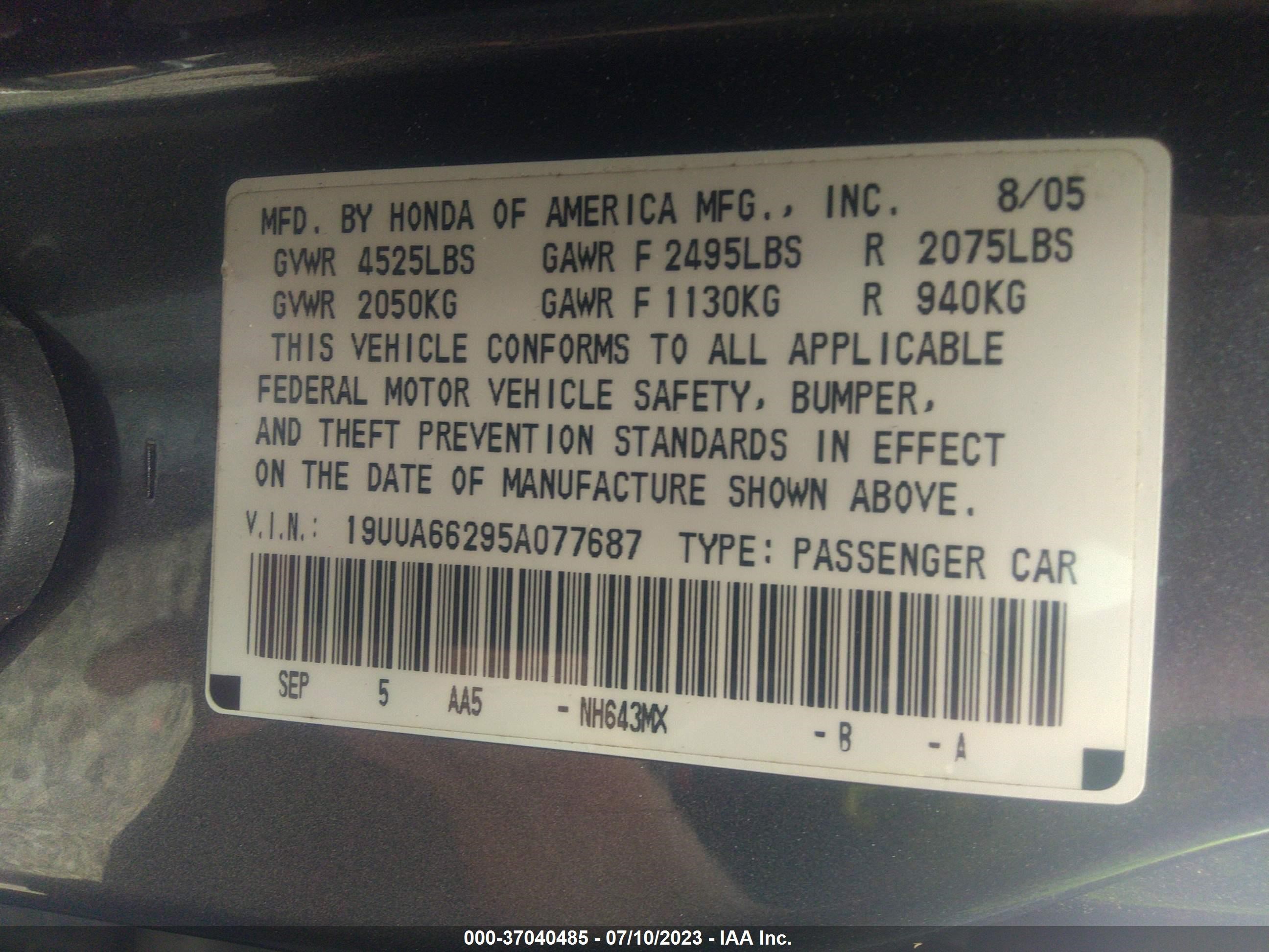 Photo 8 VIN: 19UUA66295A077687 - ACURA TL 