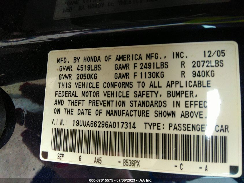 Photo 8 VIN: 19UUA66296A017314 - ACURA TL 