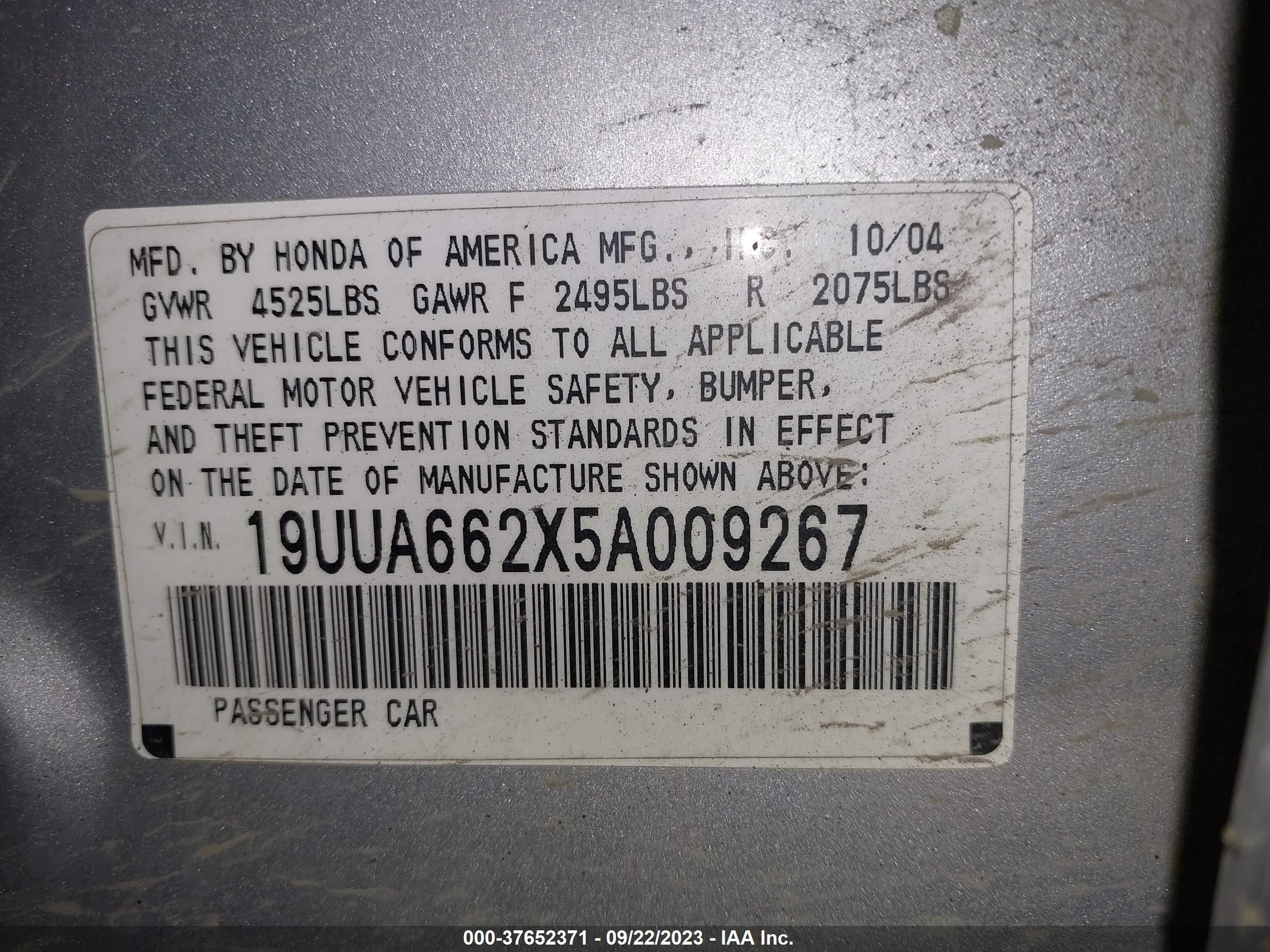 Photo 8 VIN: 19UUA662X5A009267 - ACURA TL 