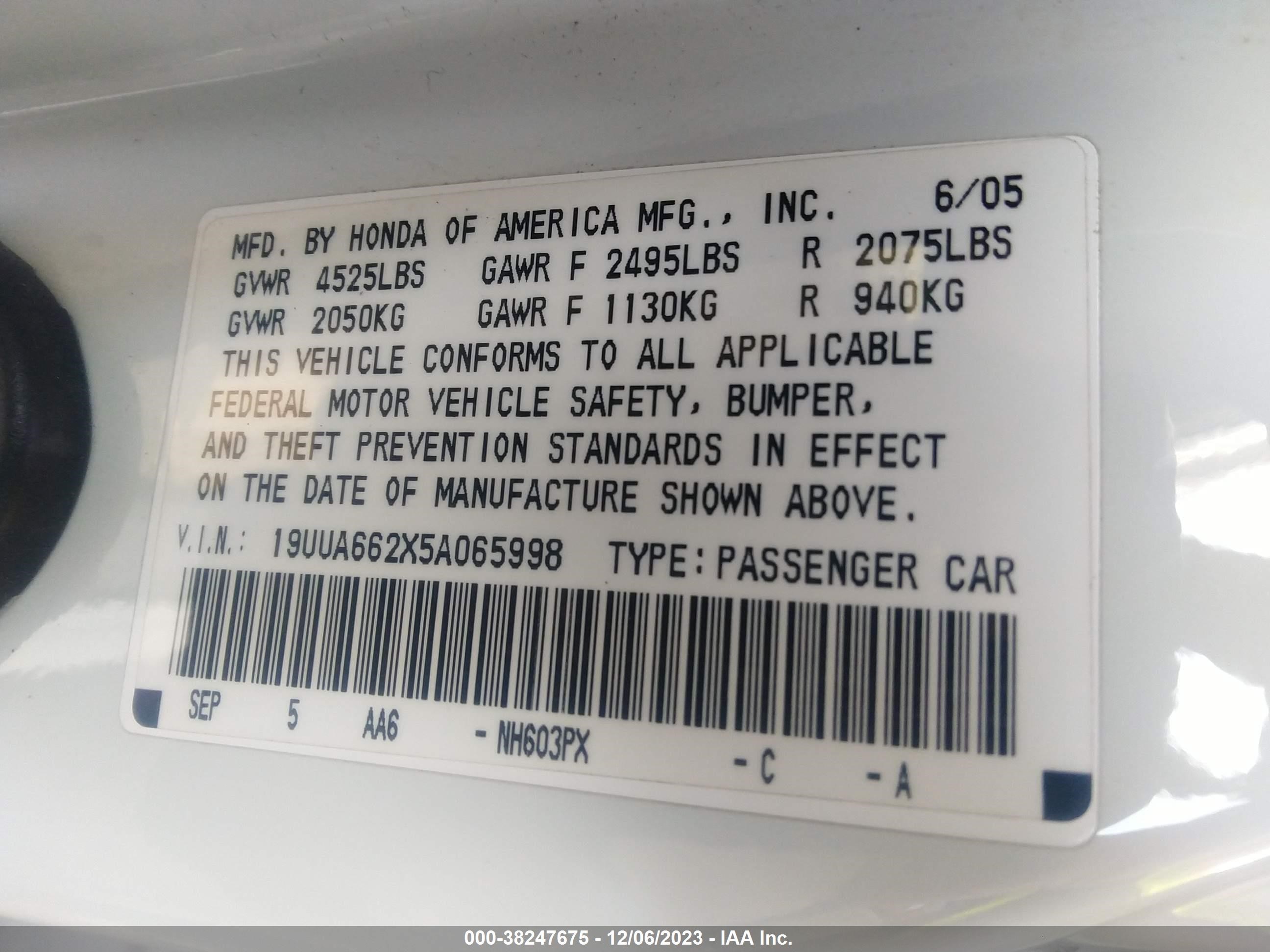 Photo 8 VIN: 19UUA662X5A065998 - ACURA TL 