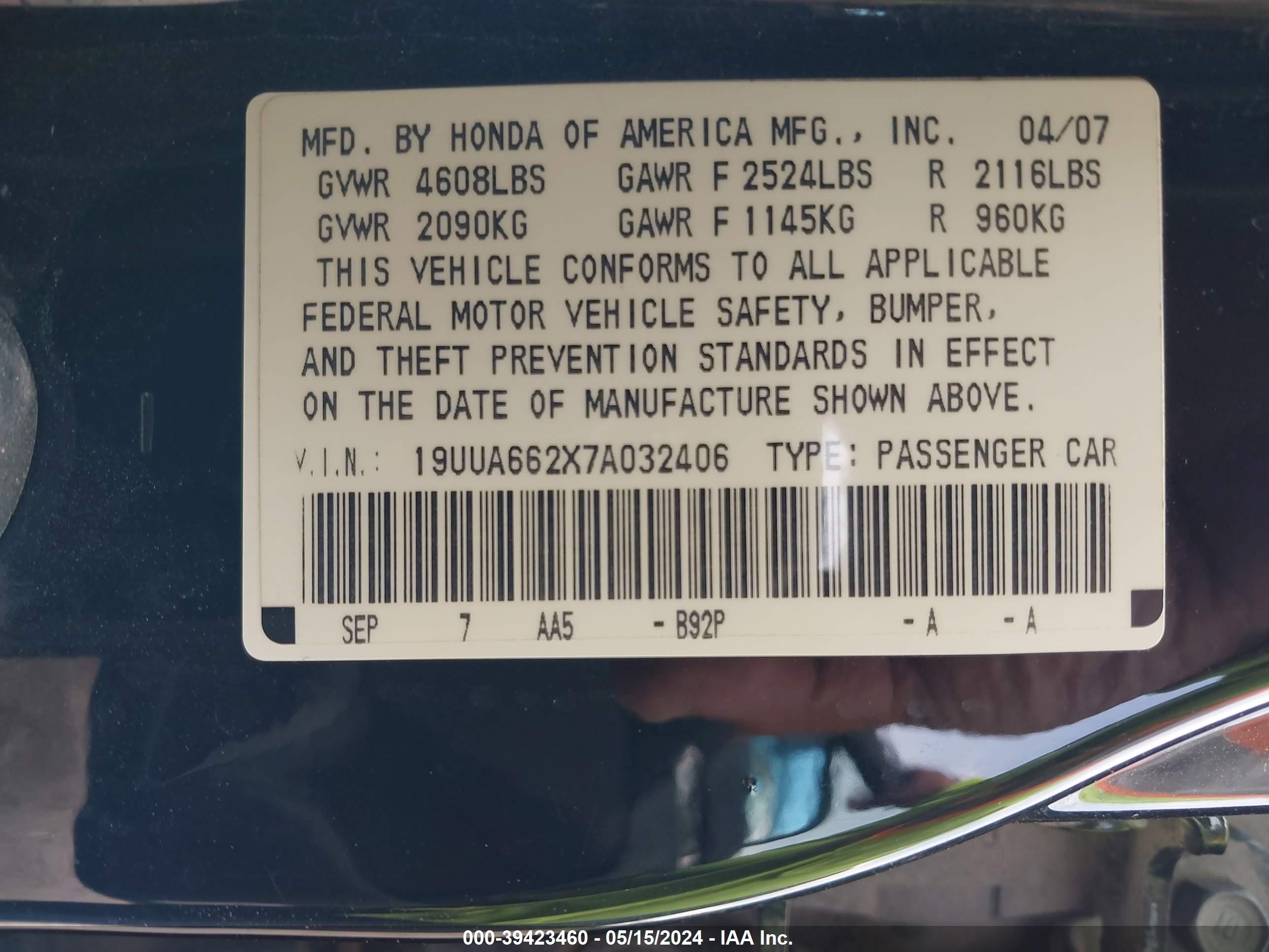 Photo 8 VIN: 19UUA662X7A032406 - ACURA TL 