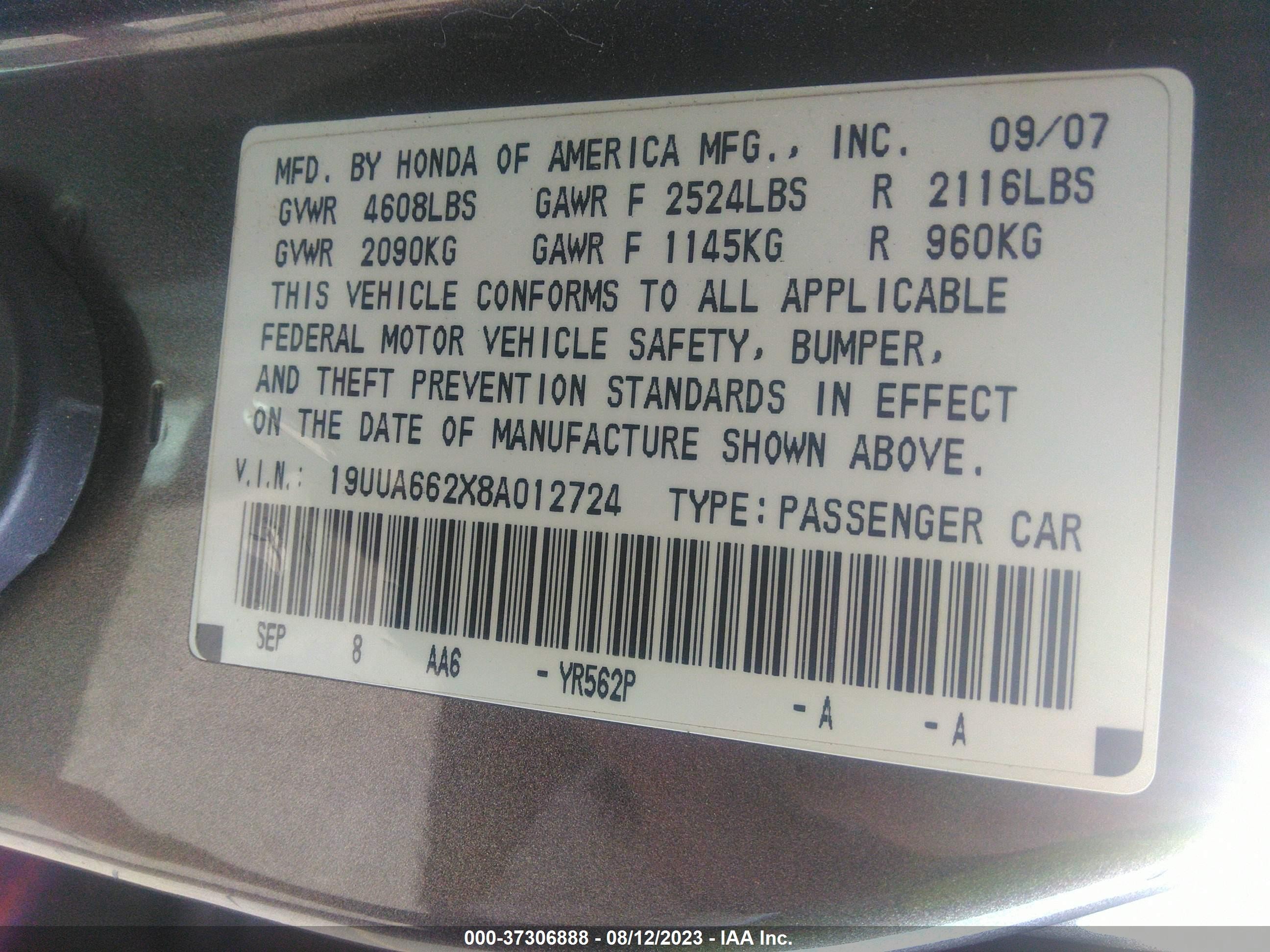 Photo 8 VIN: 19UUA662X8A012724 - ACURA TL 