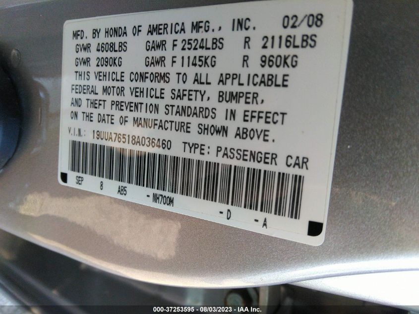 Photo 8 VIN: 19UUA76518A036460 - ACURA TL 