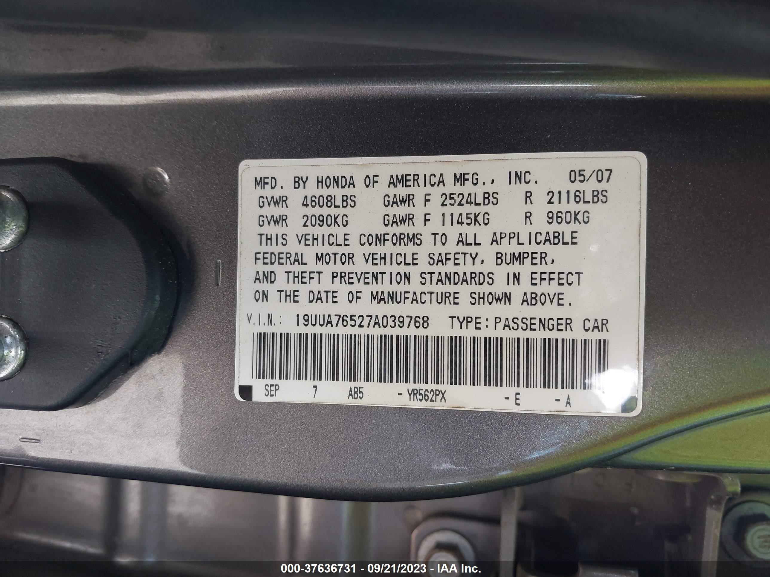 Photo 8 VIN: 19UUA76527A039768 - ACURA TL 