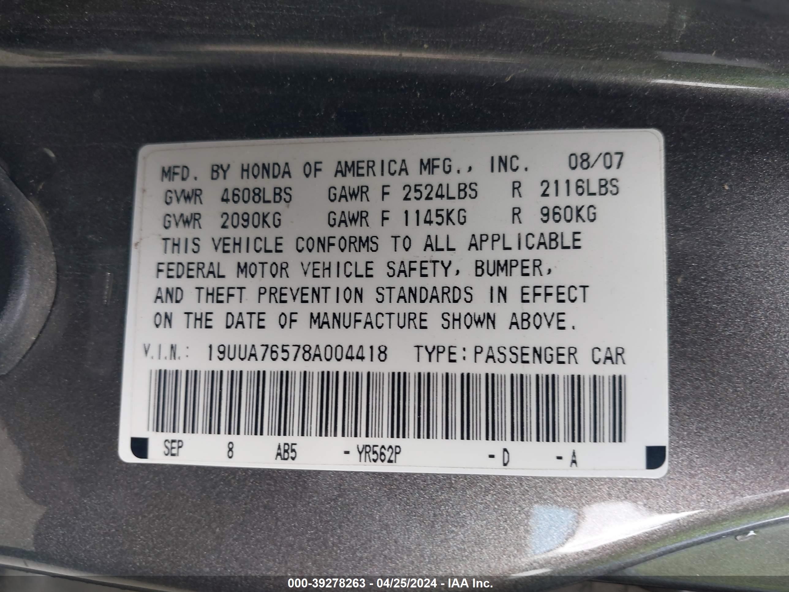 Photo 8 VIN: 19UUA76578A004418 - ACURA TL 