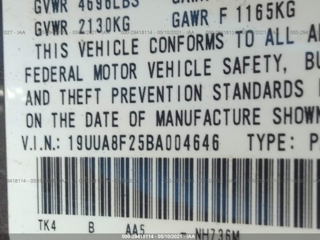 Photo 8 VIN: 19UUA8F25BA004646 - ACURA TL 