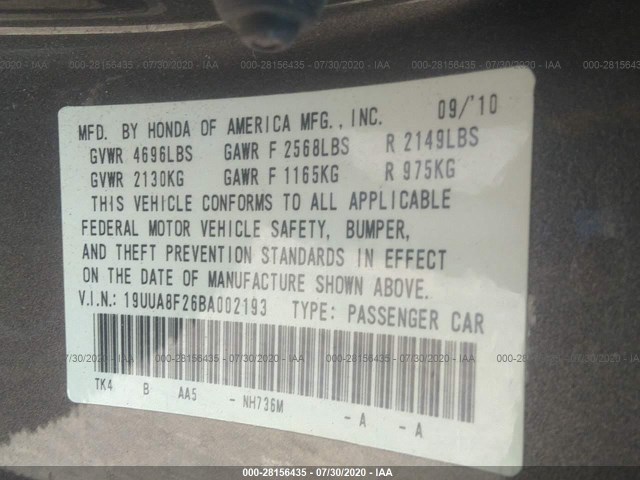 Photo 8 VIN: 19UUA8F26BA002193 - ACURA TL 