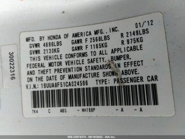 Photo 8 VIN: 19UUA8F51CA024596 - ACURA TL 