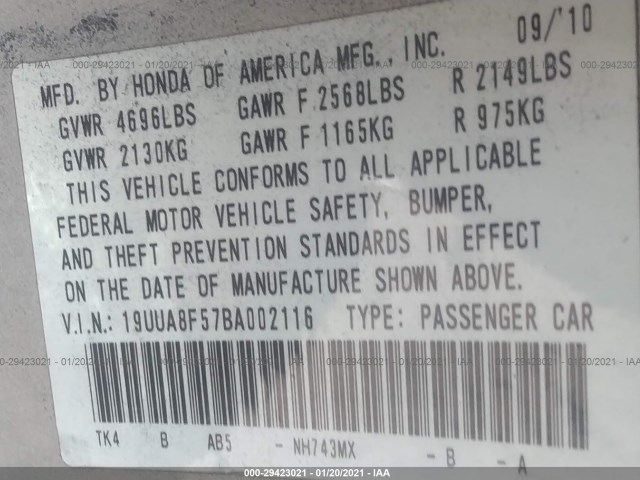 Photo 8 VIN: 19UUA8F57BA002116 - ACURA TL 