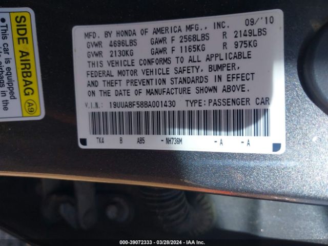 Photo 8 VIN: 19UUA8F58BA001430 - ACURA TL 