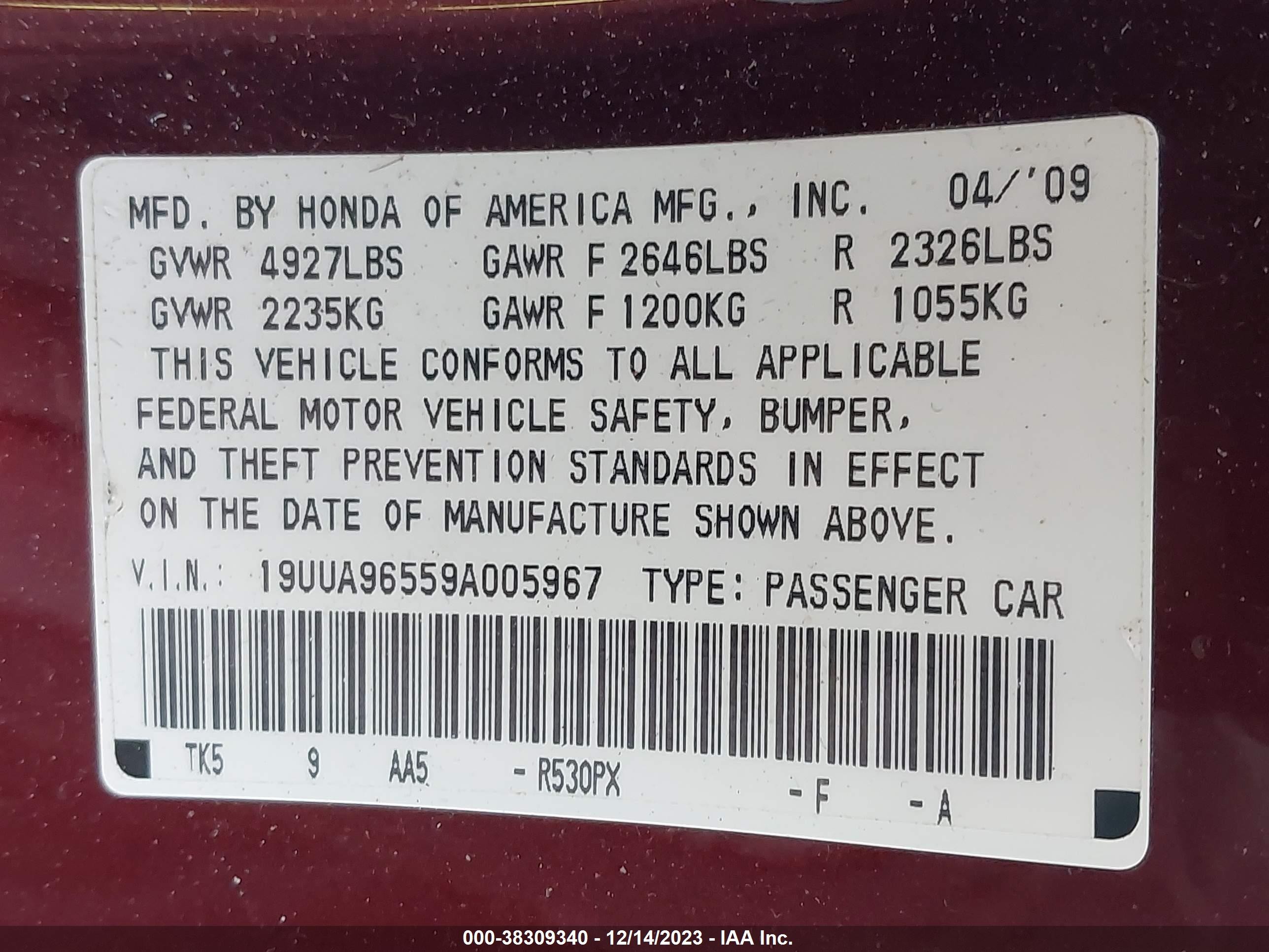 Photo 8 VIN: 19UUA96559A005967 - ACURA TL 