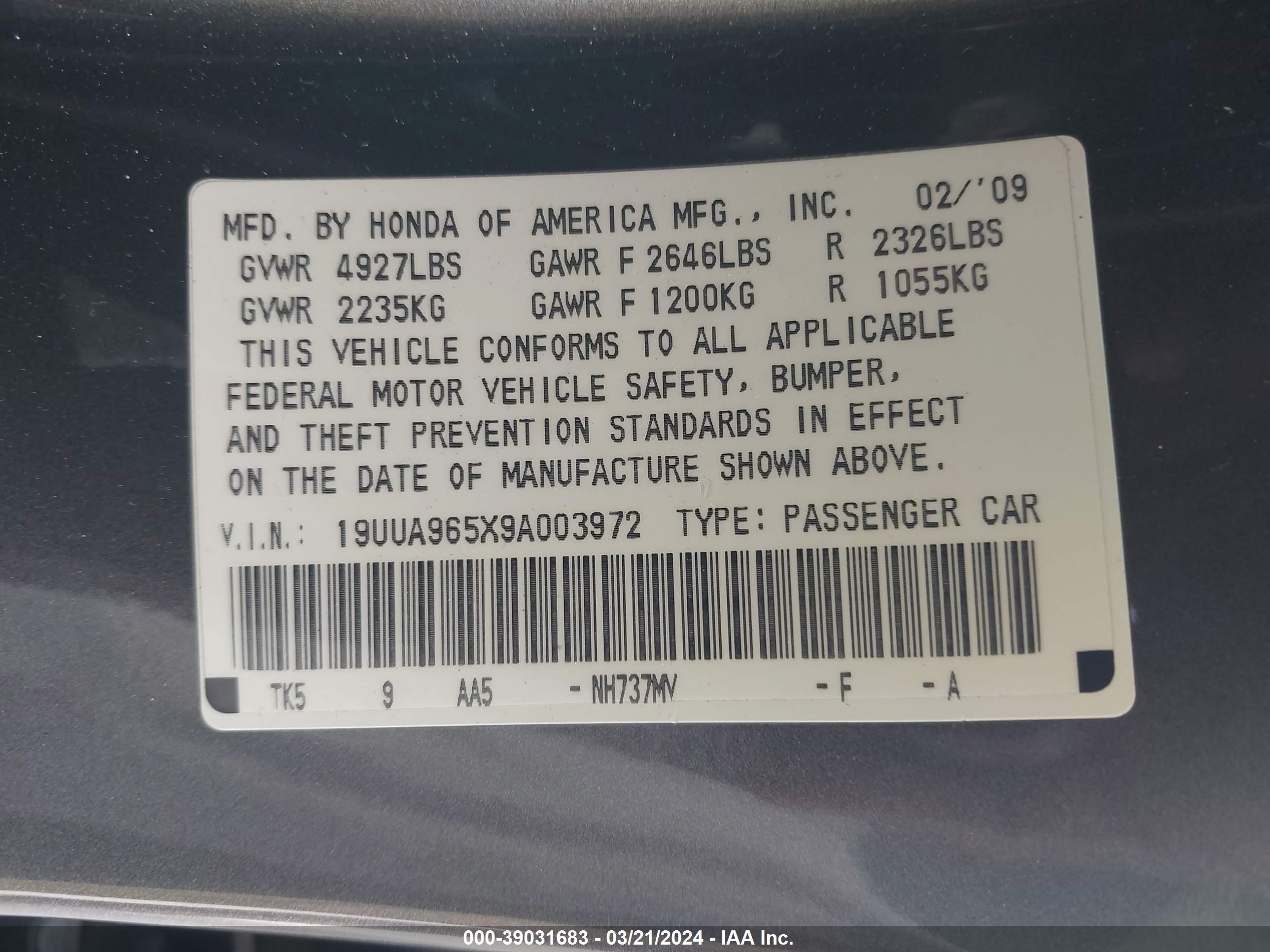 Photo 8 VIN: 19UUA965X9A003972 - ACURA TL 