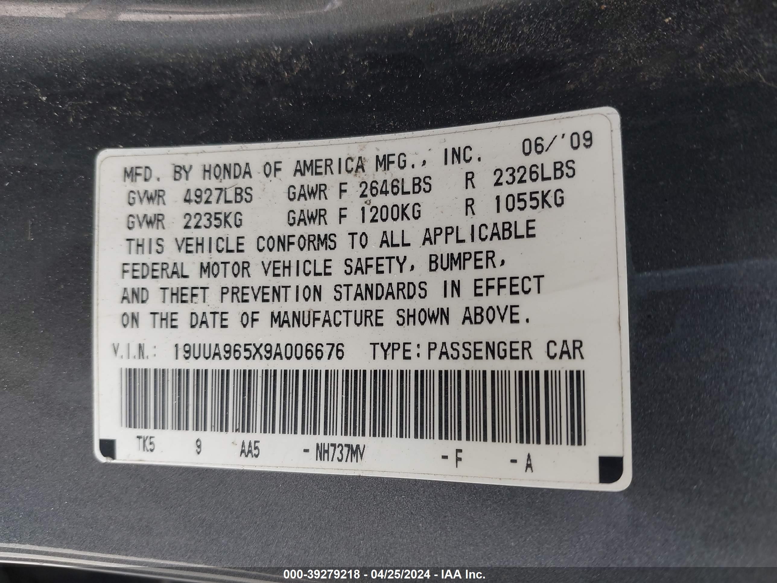 Photo 8 VIN: 19UUA965X9A006676 - ACURA TL 