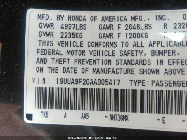 Photo 8 VIN: 19UUA9F20AA005417 - ACURA TL 