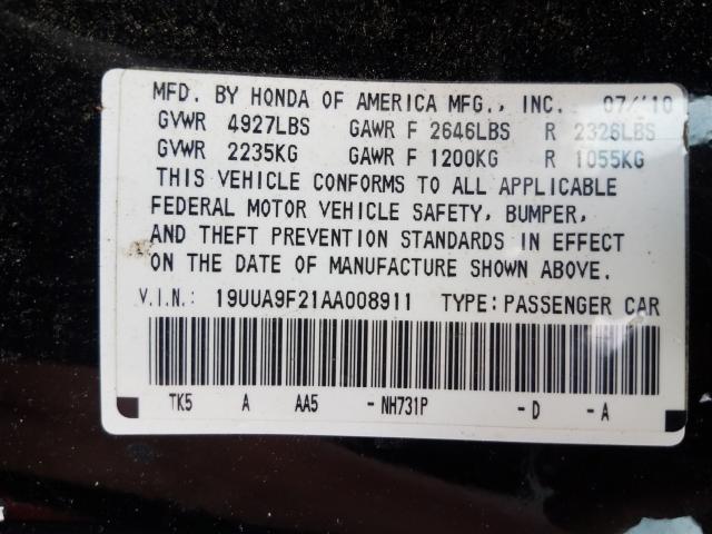 Photo 9 VIN: 19UUA9F21AA008911 - ACURA TL 