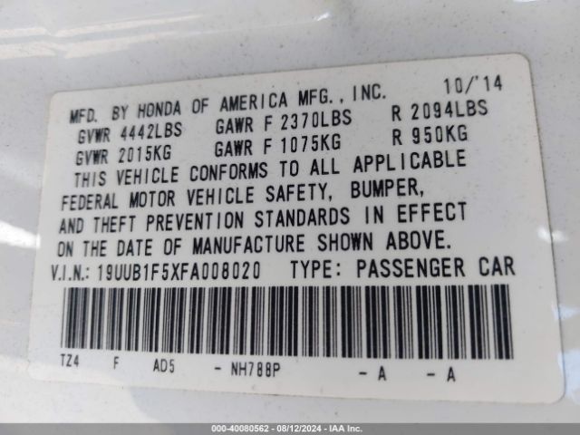 Photo 8 VIN: 19UUB1F5XFA008020 - ACURA TLX 