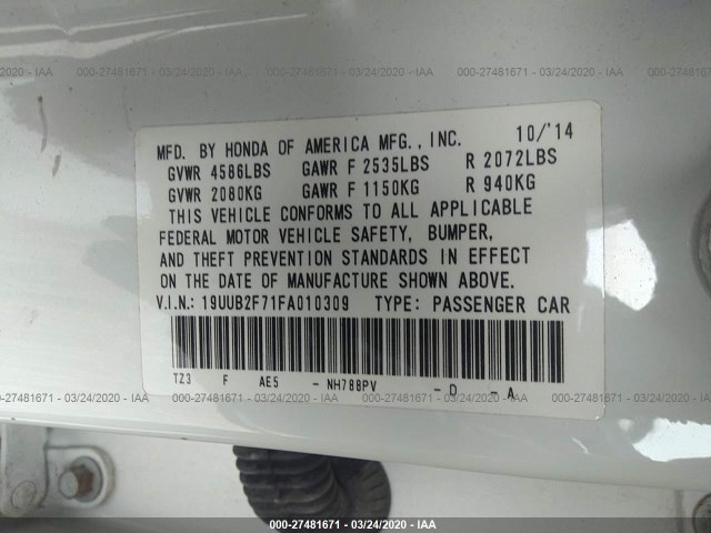 Photo 8 VIN: 19UUB2F71FA010309 - ACURA TLX 