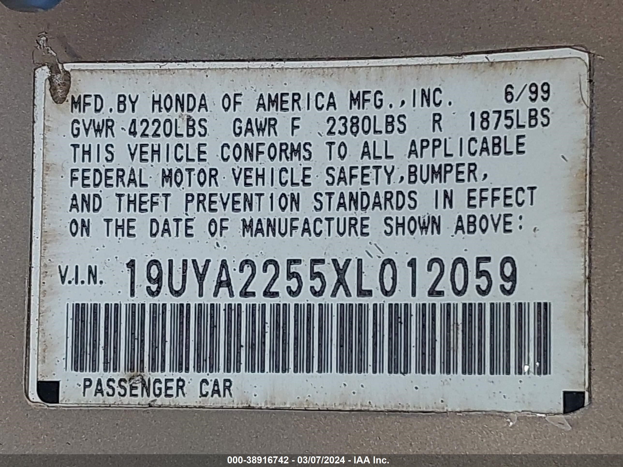 Photo 8 VIN: 19UYA2255XL012059 - ACURA CL 