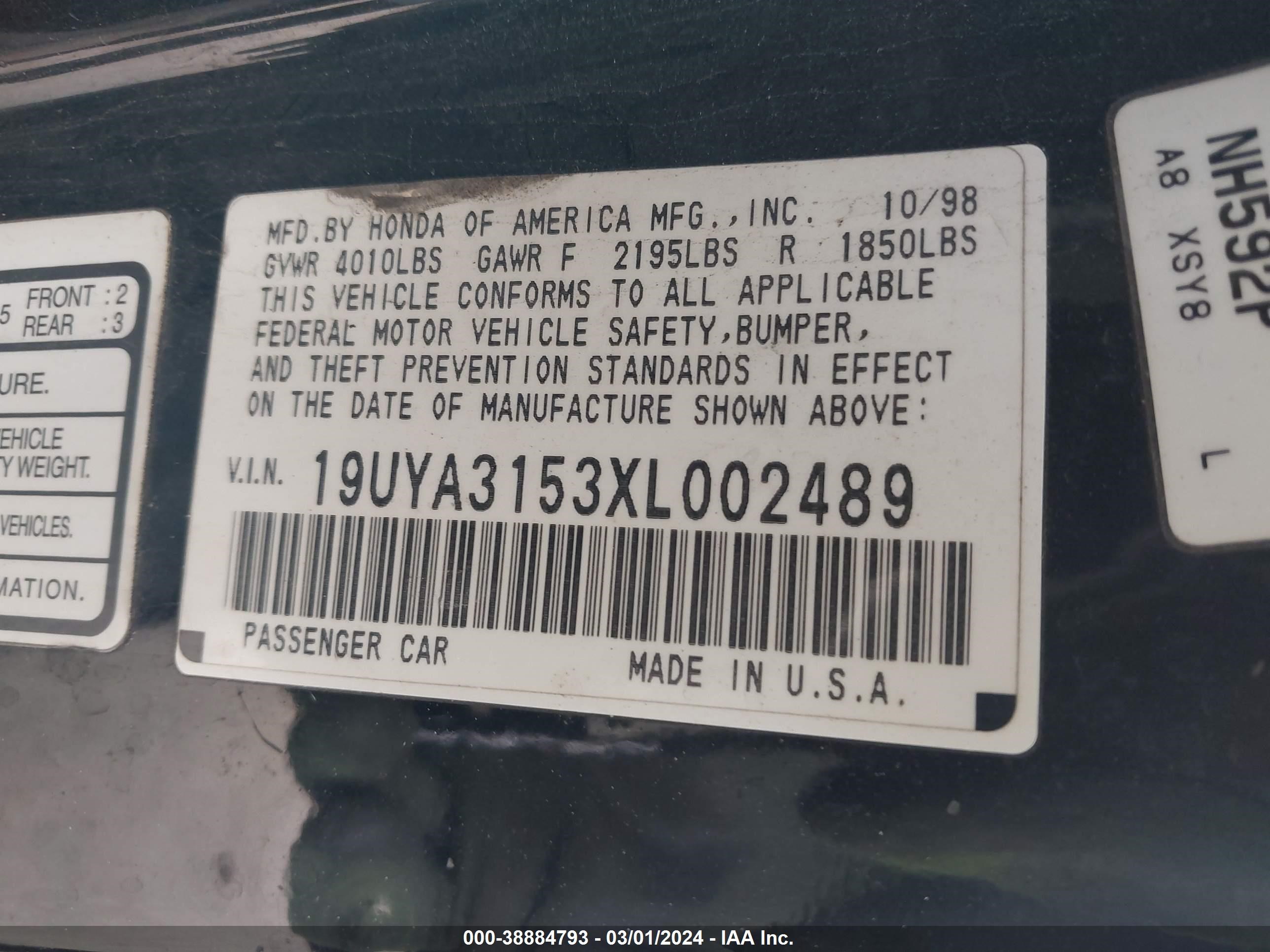 Photo 8 VIN: 19UYA3153XL002489 - ACURA CL 