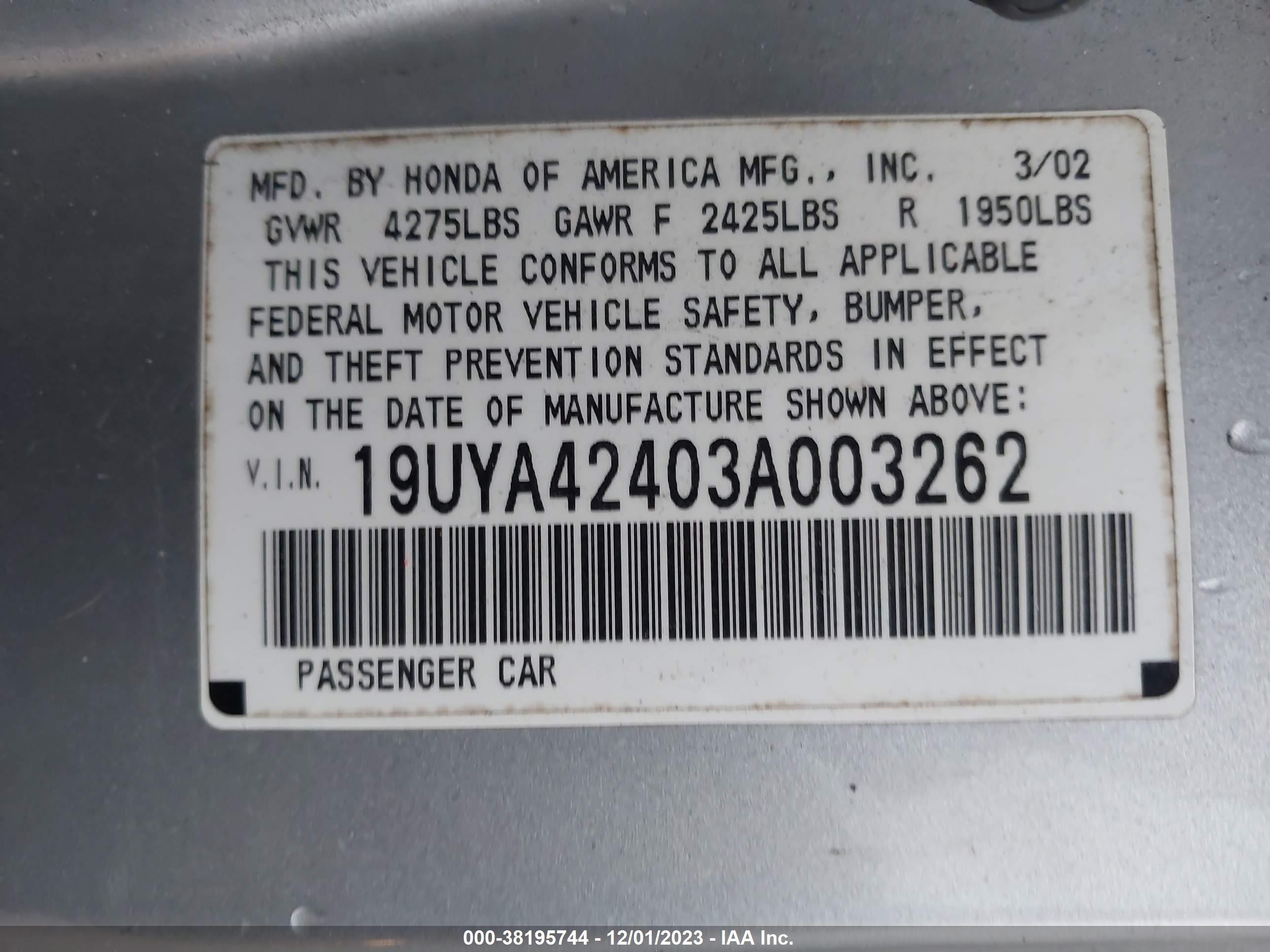 Photo 8 VIN: 19UYA42403A003262 - ACURA CL 