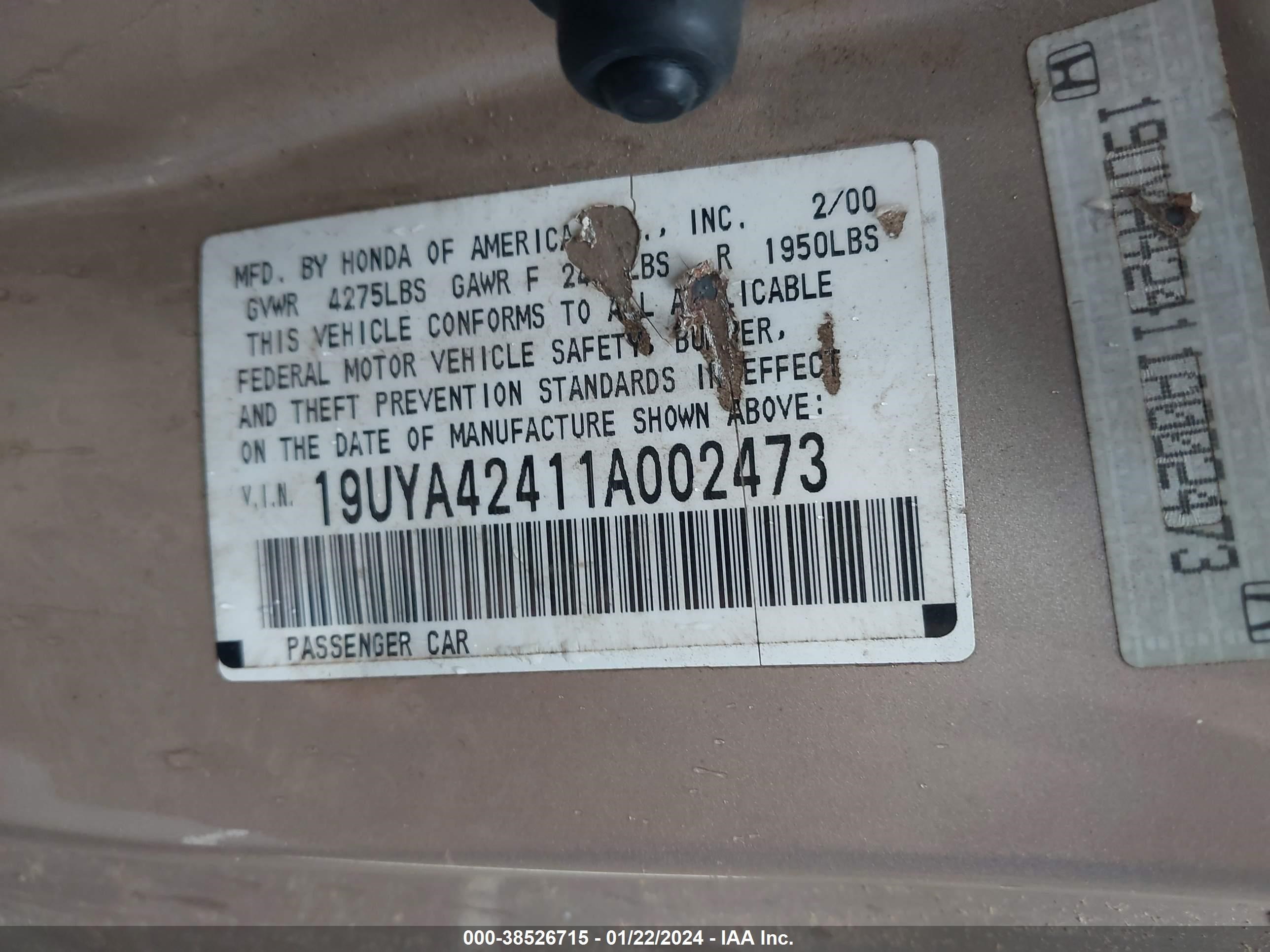 Photo 8 VIN: 19UYA42411A002473 - ACURA CL 